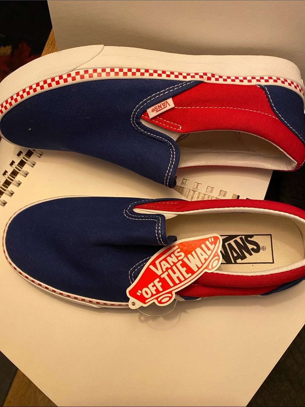 Vans Slip-On Low Top in Blue and Red with Checkerboard Trim